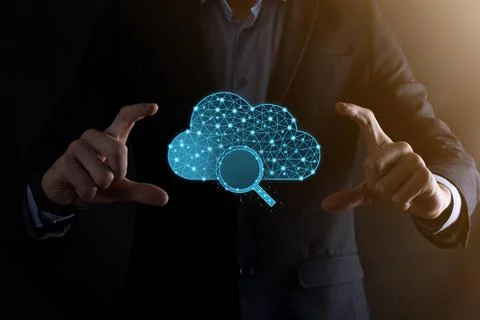 Cloud technology. Polygonal wireframe cloud storage sign with search magnifie Stock Photos