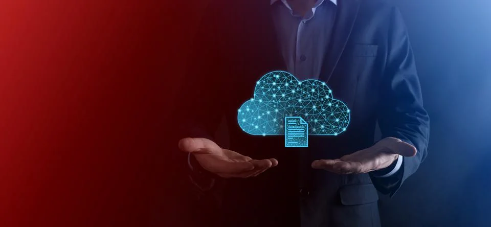Cloud technology. Polygonal wireframe cloud storage sign with document icon o Foto stock