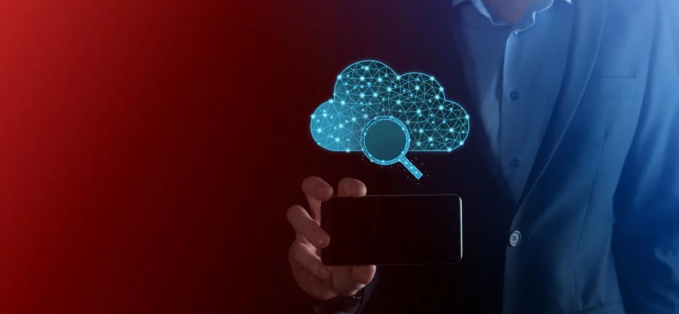 Cloud technology. Polygonal wireframe cloud storage sign with search magnifie Stock Photos