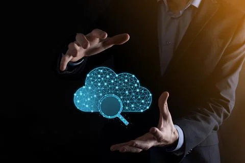 Cloud technology. Polygonal wireframe cloud storage sign with search magnifie Stock Photos