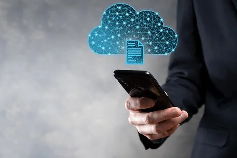 Cloud technology. Polygonal wireframe cloud storage sign with document icon o Foto stock