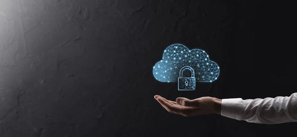 Cloud technology. Polygonal wireframe cloud storage sign with padlock on dark 写真素材