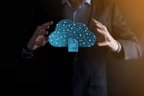 Cloud technology. Polygonal wireframe cloud storage sign with document icon o 写真素材