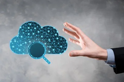 Cloud technology. Polygonal wireframe cloud storage sign with search magnifie Stock Photos