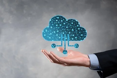 Cloud technology. Polygonal wireframe cloud storage sign with data collection Stock Photos