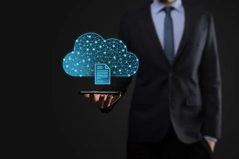 Cloud technology. Polygonal wireframe cloud storage sign with document icon o Foto stock