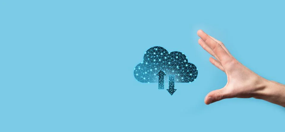 Cloud technology. Polygonal wireframe cloud storage sign with two arrows up a Fotos Stock