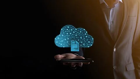 Cloud technology. Polygonal wireframe cloud storage sign with document icon o Stock Photos