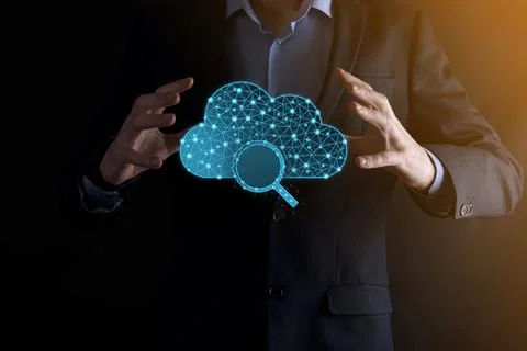 Cloud technology. Polygonal wireframe cloud storage sign with search magnifie Stock Photos