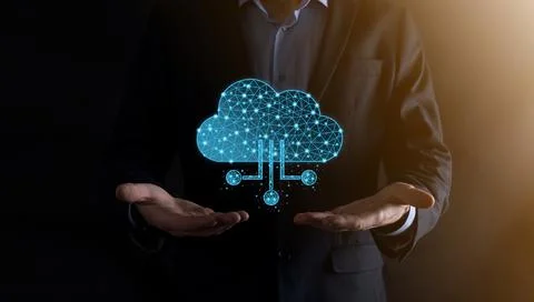 Cloud technology. Polygonal wireframe cloud storage sign with data collection Stock Photos
