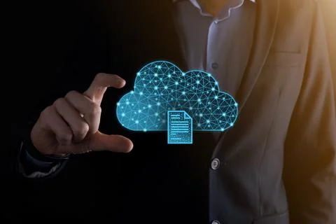 Cloud technology. Polygonal wireframe cloud storage sign with document icon o 写真素材