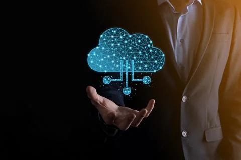 Cloud technology. Polygonal wireframe cloud storage sign with data collection Stock Photos