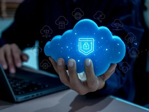 Cloud technology security concept with hand holding glowing secure icon on .. Stock Photos