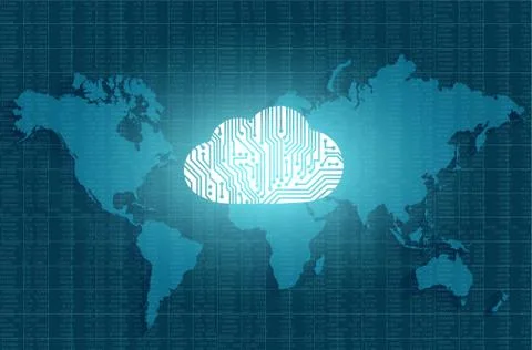 Cloud technology symbol on world map. Technology and business concept. Stock Illustration