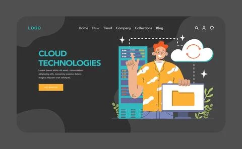 Cloud technology web banner or landing page dark or night mode Illustrazione stock