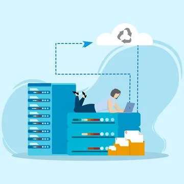 Cloud technology. woman storing data on cloud server. 스톡 일러스트