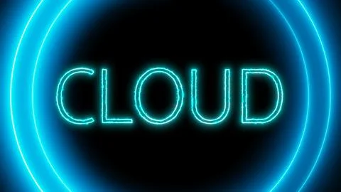 Cloud text with neon glowing circle animated on a black background. Stock Illustration