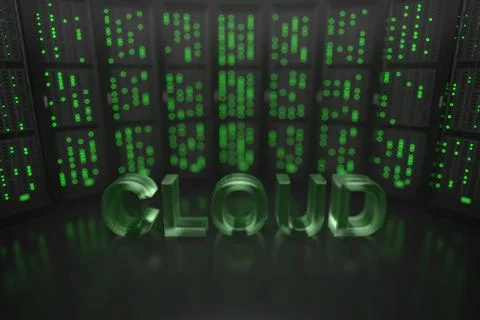 CLOUD text on server room background. Conceptual 3D rendering Stock Illustration