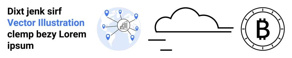 Cloud with three lines, Bitcoin symbol in a circle, map pointers connected in イラスト素材