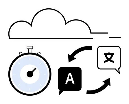 Cloud Translation Quick Service with Timer, Cloud, and Language Icons Illustrazione stock