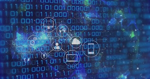 Cloud-triggered network diagram growing and linking icons over binary matrix to Stock Footage 328583437