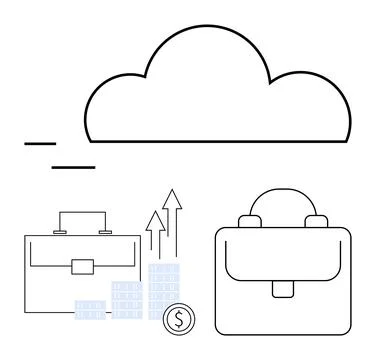 Cloud with two briefcases, three rising bar charts, and dollar sign. Ideal fo Stockillustratie