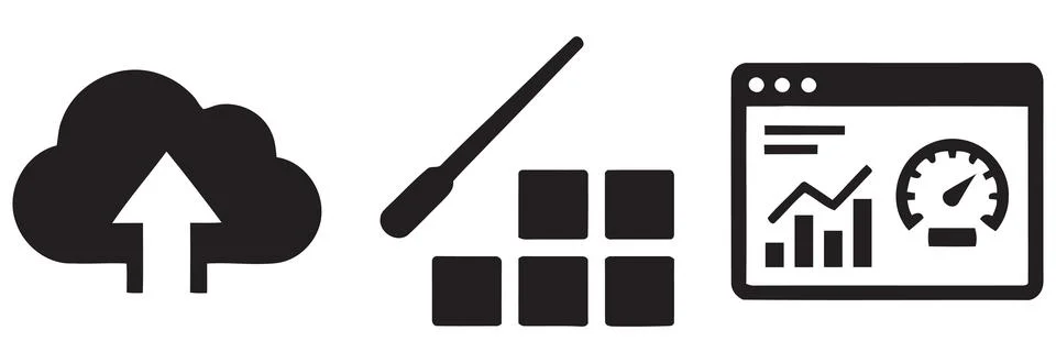 Cloud upload, analytics tools, and dashboard icons in silhouette イラスト素材