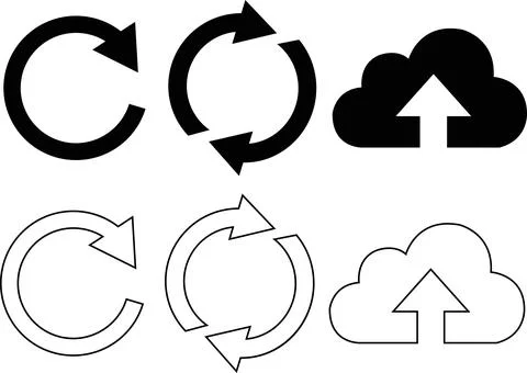 Cloud upload and circular refresh arrow icons in black outline style. イラスト素材