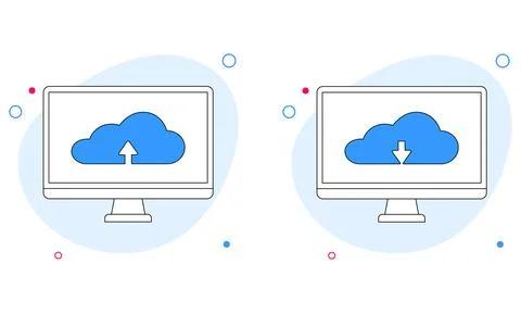 Cloud upload and download icon on computer screen. Vector illustration in line Stock Illustration