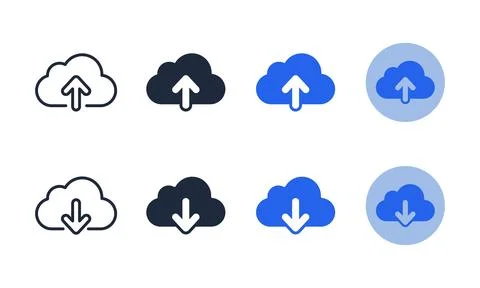 Cloud upload and download interface icons in four distinct graphical styles.. Stock Illustration