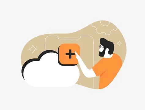 Cloud upload concept with man clicking button, abstract interface, gear icons Stock Illustration