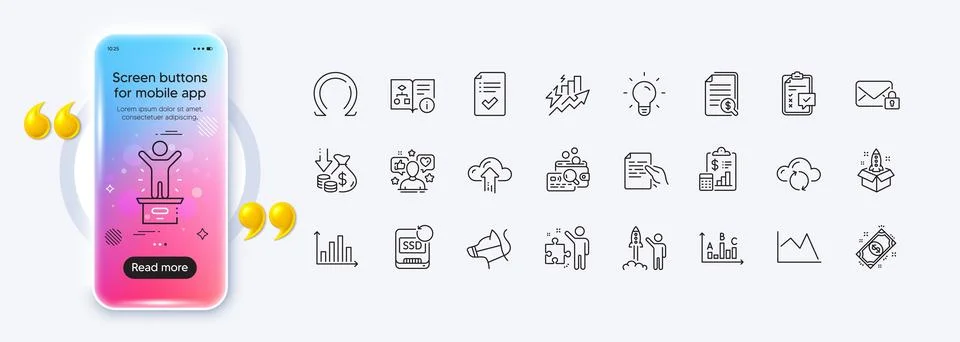 Cloud upload, Financial documents and Inspect line icons for web app. Pictogram Stock Illustration