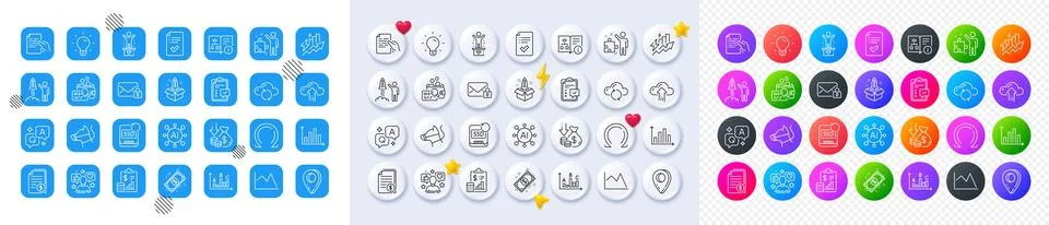 Cloud upload, Financial documents and Inspect line icons. For web app, printing Stock Illustration