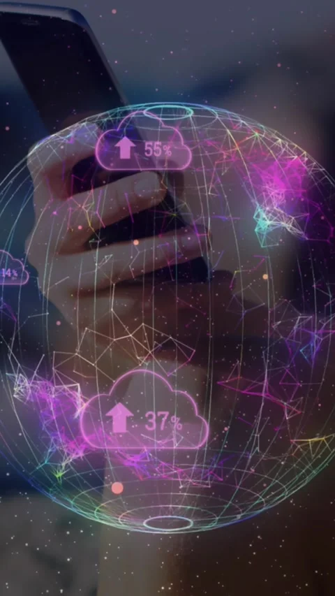 Cloud upload icon and spinning globe against mid section of woman using Stock Footage 342136341
