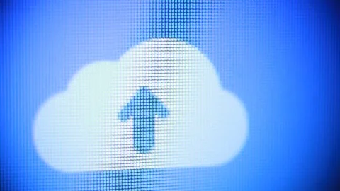 Cloud upload icon on computer display. Cloud server communication data transfer Vidéo 111447286