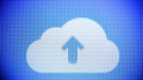 Cloud upload icon on computer display. Cloud server communication data transfer Vidéo 111447288