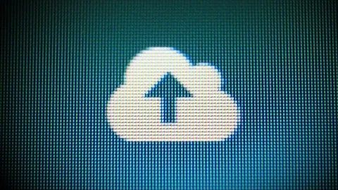 Cloud upload icon on computer display. Cloud server communication data transfer Vidéo 111665147