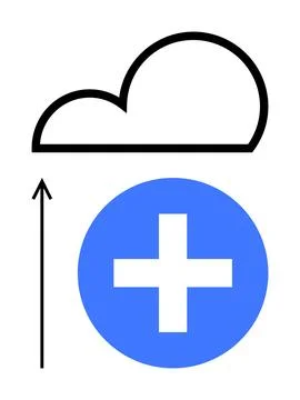 Cloud Upload Icon Featuring a Blue Circular Plus Sign with Upward Arrow Stock Illustration