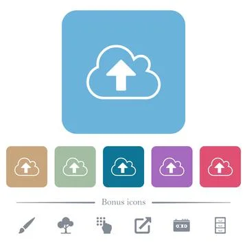 Cloud upload outline flat icons on color rounded square backgrounds Stock Illustration
