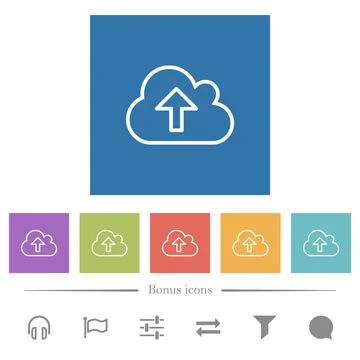 Cloud upload outline flat white icons in square backgrounds 스톡 일러스트