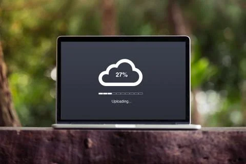 Cloud upload processing data on laptop / computer with internet Stock Photos