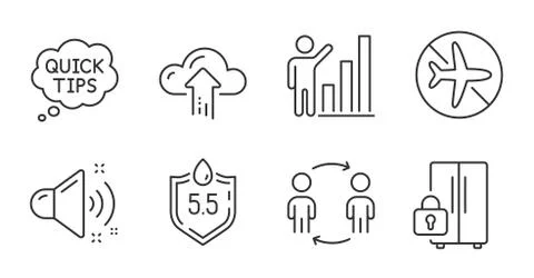 Cloud upload, Workflow and Flight mode icons set. Loud sound, Quick tips and Stock Illustration