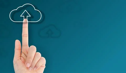 Cloud uploading concept on phone screen. woman hand upload from mobile phon.. Stock Photos