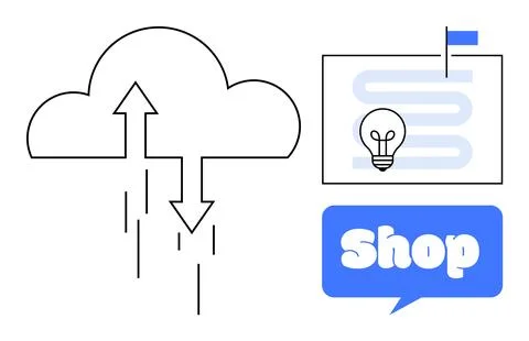 Cloud with upward and downward arrows, light bulb map, and Shop text in blue  Stock Illustration