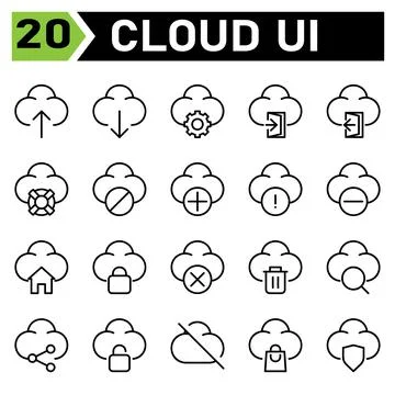 Cloud user interface icon set include upload, cloud, user interface, computin Stock Illustration