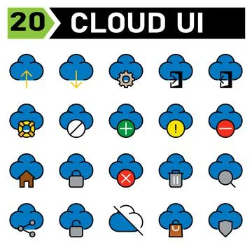 Cloud user interface icon set include upload, cloud, user interface, computin Stock Illustration