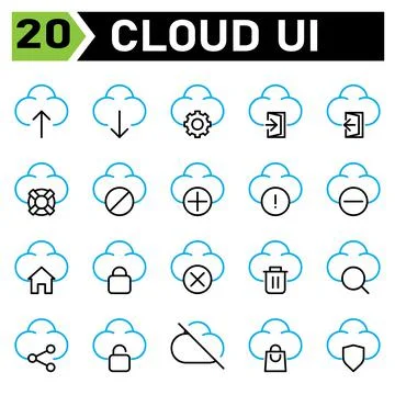 Cloud user interface icon set include upload, cloud, user interface, computin Stock Illustration