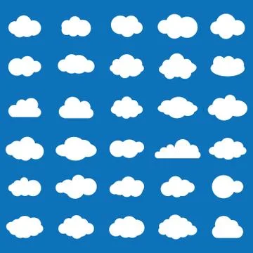 Cloud vector icon set white color on blue background. Sky flat illustration c Stock Illustration