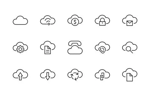 Cloud Vector Line Icon. Symbols to Upload, Download, Link. Editable Stroke Stock Illustration
