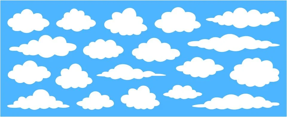 Cloud Vector Set – Cartoon White Clouds Collection on Blue Sky Background Stock Illustration